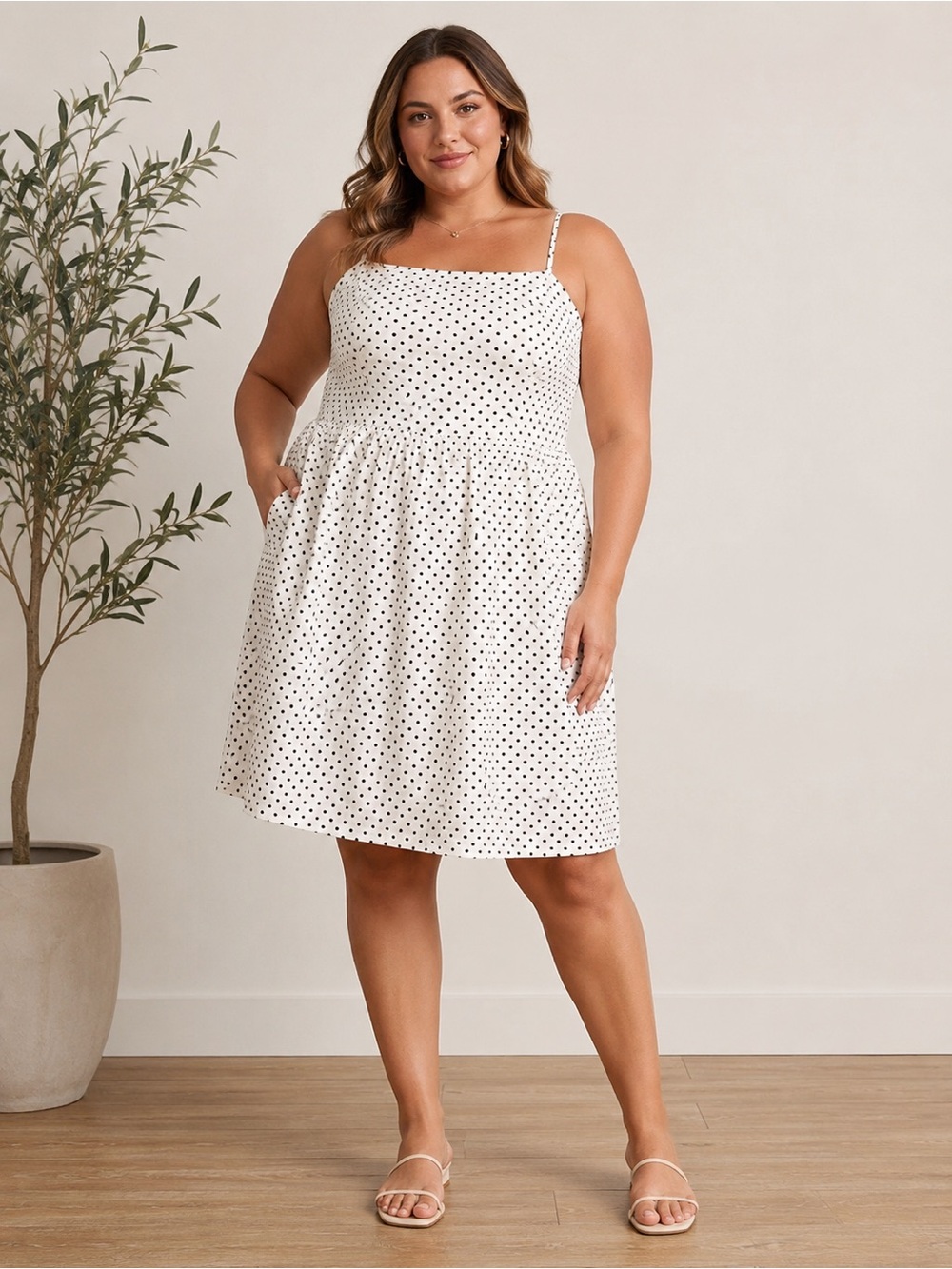 Kate Spade New York Polka Dot Smocked Midi Dress White Black Linen Blend XL